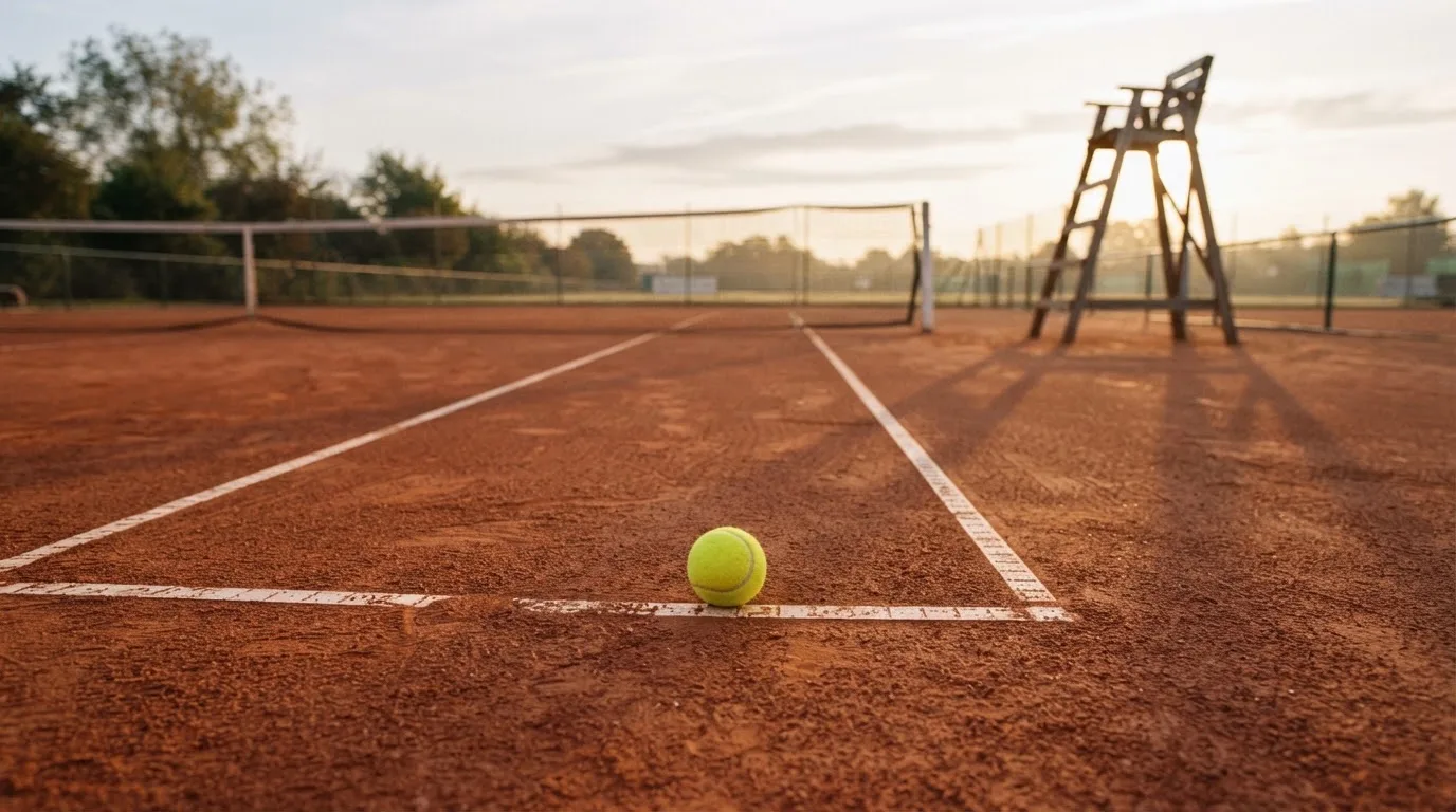 Ein Tennisball liegt auf einem roten Sandplatz bei Sonnenaufgang, im Hintergrund ein leerer Schiedsrichterstuhl.