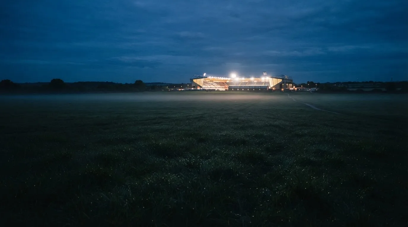 Ein Stadion unter Flutlicht aus der Ferne, davor ein stilles Feld im Dämmerlicht.