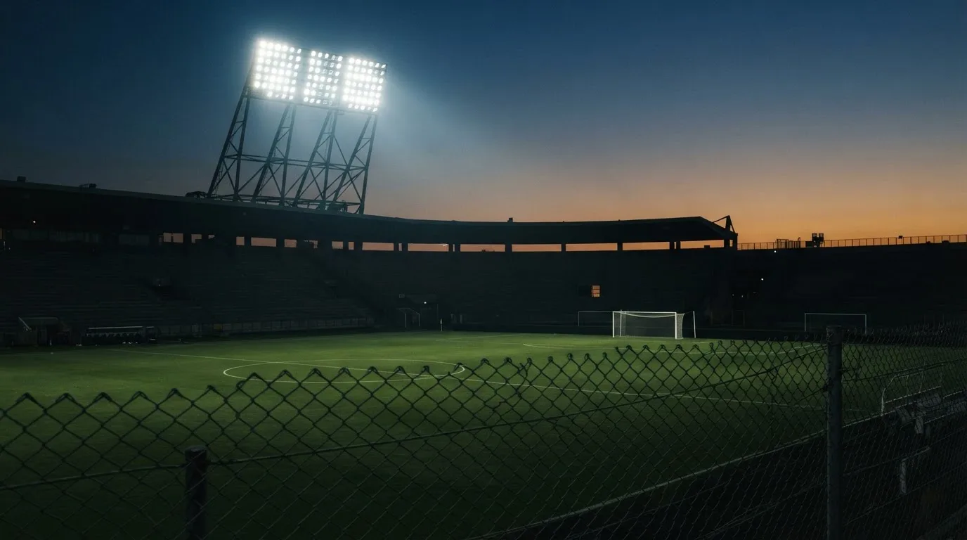 Eine Flutlichtanlage über einem leeren Sportplatz am Abend, im Vordergrund ein Maschendrahtzaun.