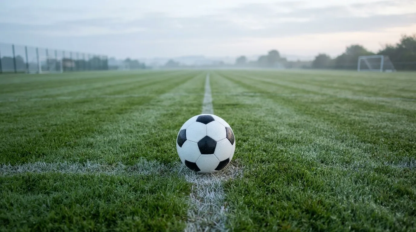 Ein Fußball liegt auf dem Anstoßkreis eines leeren Rasenplatzes im frühen Morgenlicht.