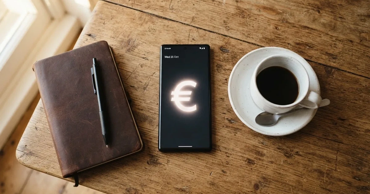 Ein Smartphone mit dunklem Display liegt neben einer Kaffeetasse und einem Notizbuch auf einem Küchentisch.