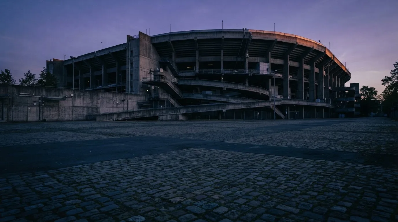 Die Rückseite einer Tribüne bei Dämmerung, davor ein menschenleerer Vorplatz mit Pflastersteinen.
