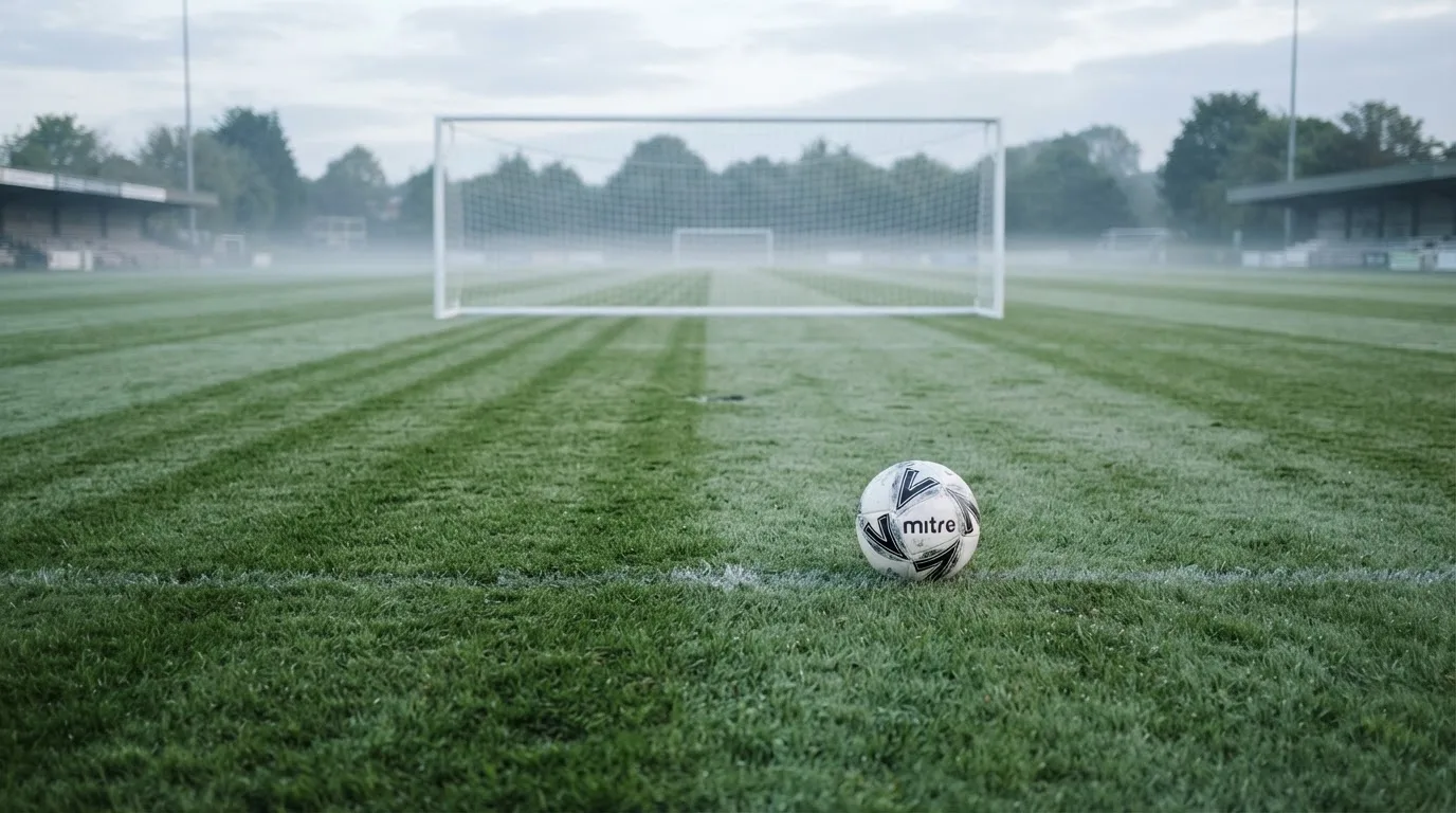 Ein Fußball auf dem Rasen vor einem leeren Tor im frühen Morgenlicht.