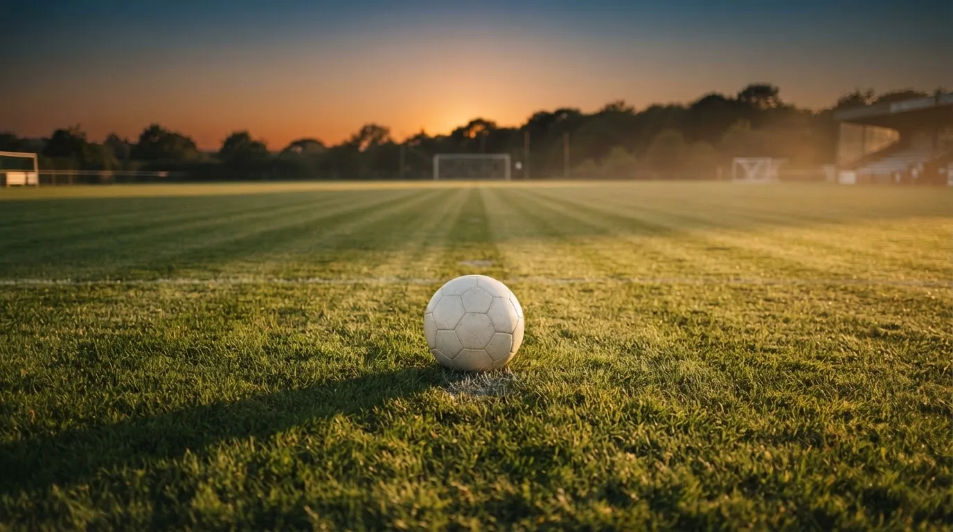 Ein Fußball liegt in der Mitte eines leeren Rasenplatzes, am Horizont färbt sich der Himmel orange.