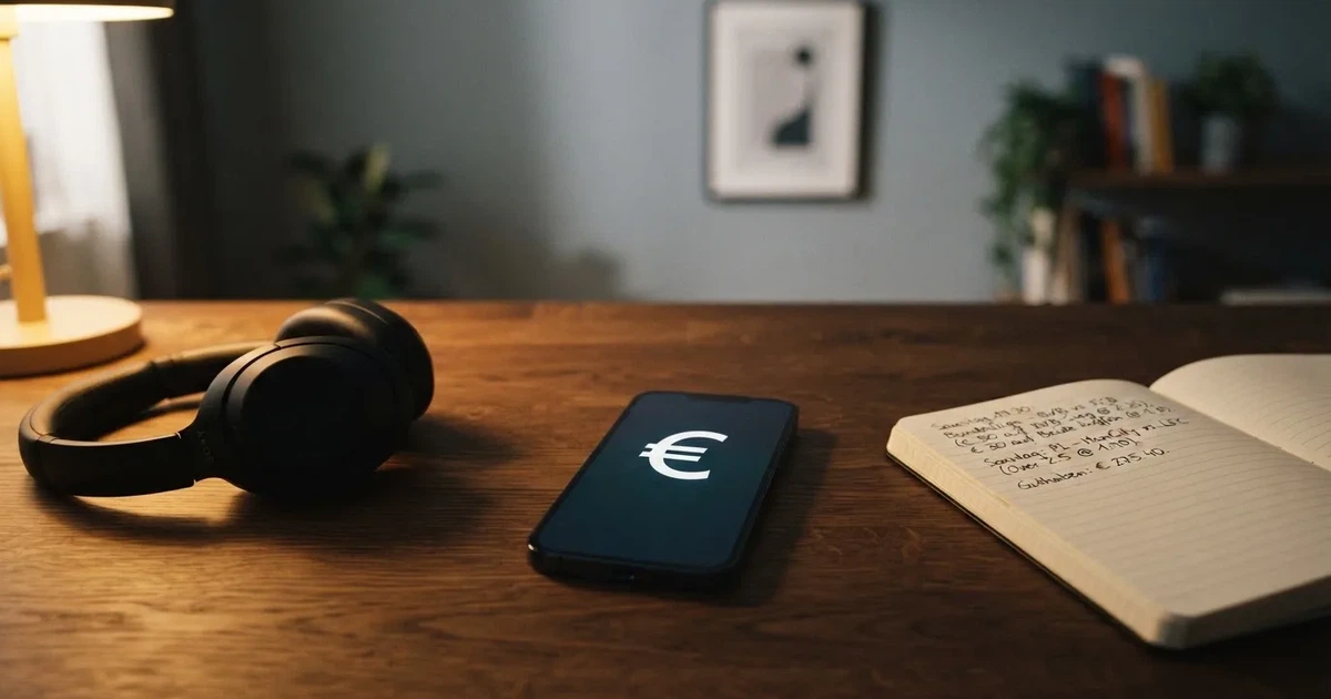 Ein Smartphone mit schwarzem Display liegt neben Kopfhörern auf einem Schreibtisch, daneben ein aufgeschlagenes Notizbuch.