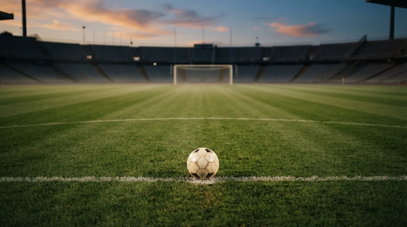 Ein Fußball liegt auf dem Elfmeterpunkt eines leeren Platzes im Abendlicht.