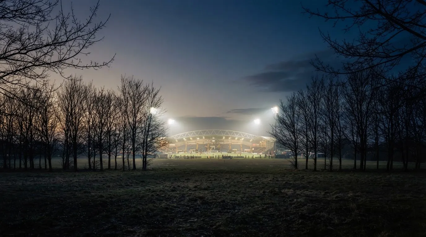 Ein Stadion unter Flutlicht, aus großer Entfernung gesehen, davor eine Reihe kahler Bäume im Dämmerlicht.