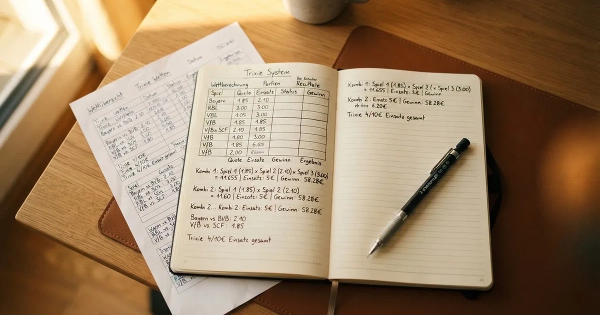 Ein Notizbuch mit handschriftlichen Kästchen und Linien liegt neben einem Bleistift und einem Taschenrechner auf einem Schreibtisch.