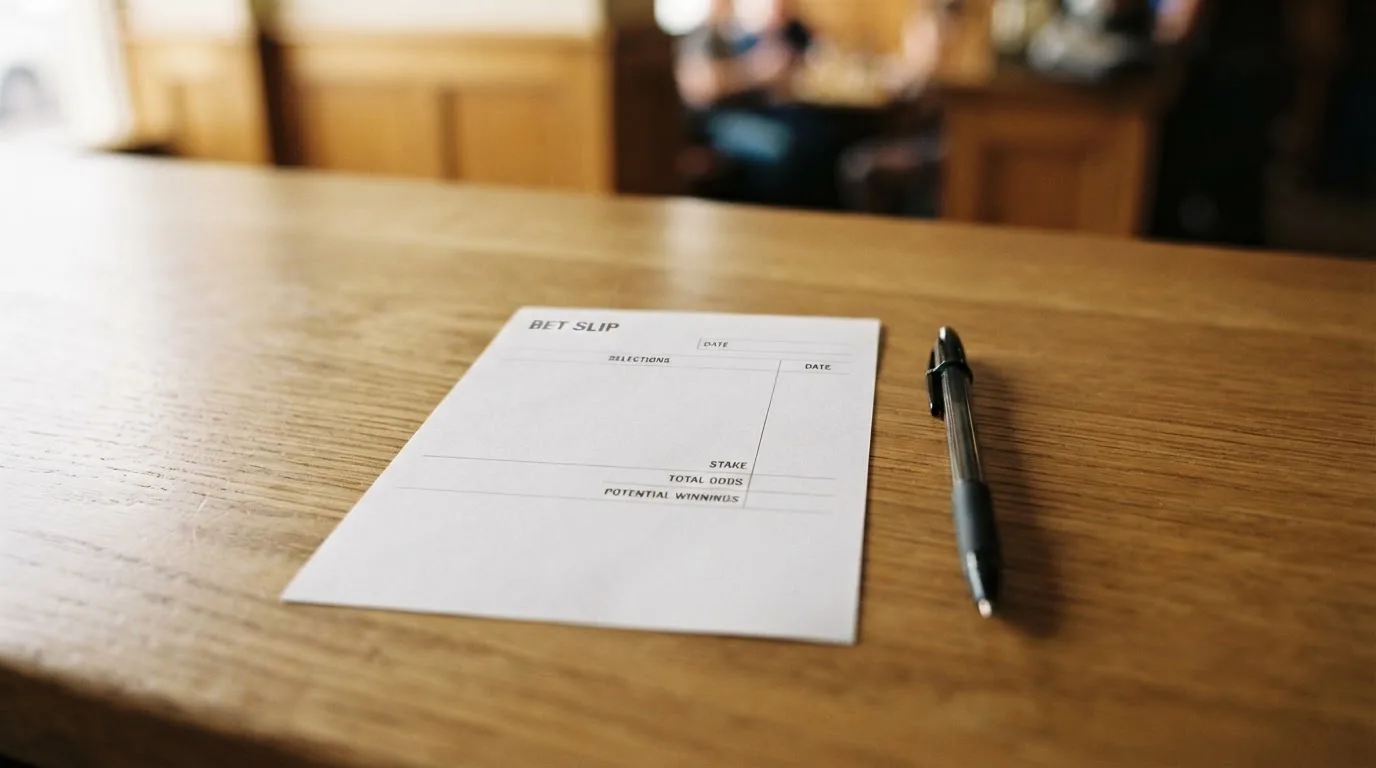 Ein leerer Wettschein aus Papier liegt neben einem Stift auf einer hölzernen Theke, weiches Licht fällt von der Seite ein.