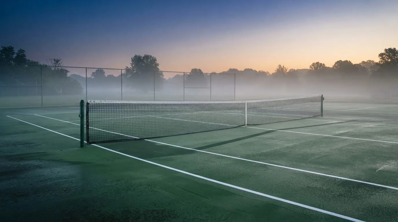 Ein Tennisplatz im Morgengrauen, das Netz und die Linien liegen im Tau, im Hintergrund leichter Nebel und kein Mensch zu sehen.
