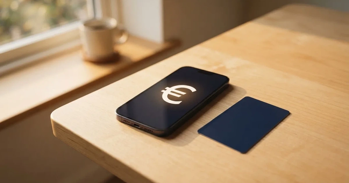 Ein Smartphone mit dunklem Display liegt neben einer schlichten Plastikkarte ohne Aufdruck auf einem hellen Schreibtisch.