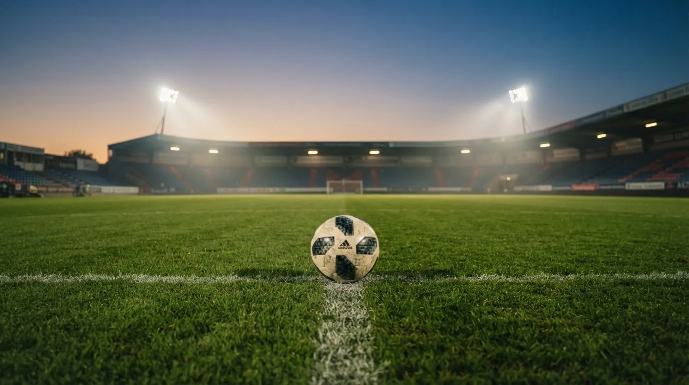 Ein Fußball liegt auf dem Anstoßpunkt eines leeren Rasenplatzes, im Hintergrund steht ein Stadion unter Flutlicht in der Dämmerung.