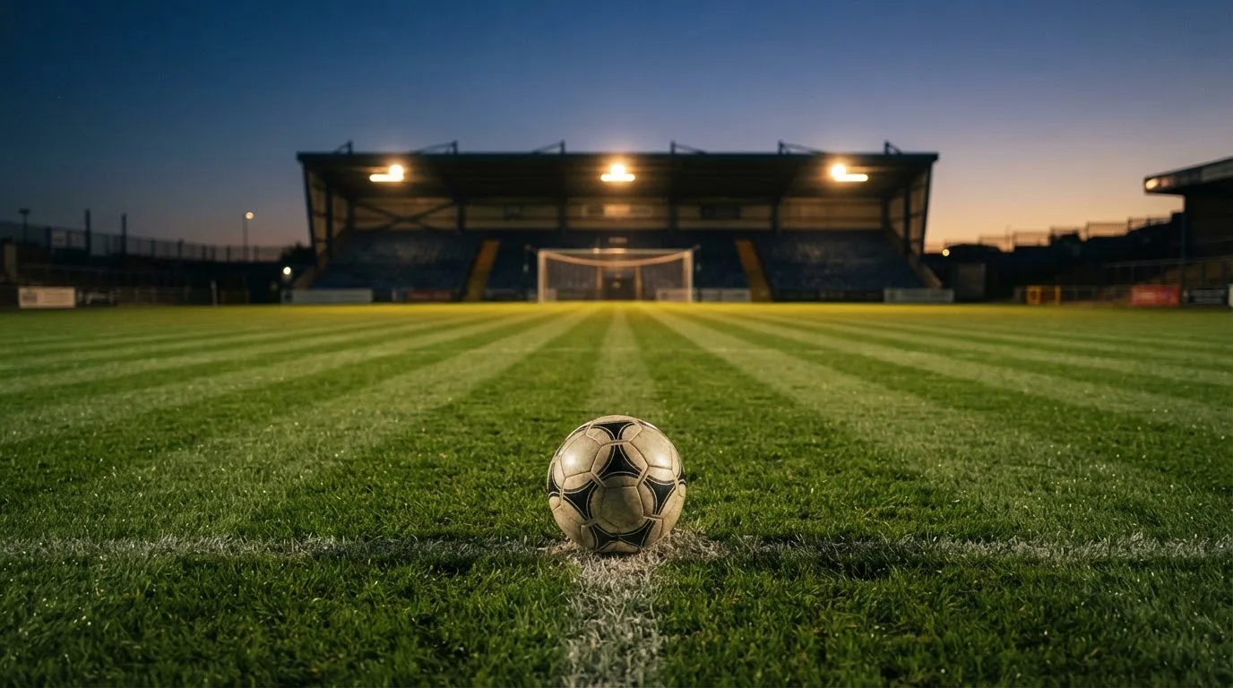 Ein Fußball liegt auf dem Anstoßpunkt eines leeren Rasenplatzes, im Hintergrund steht ein Stadion unter Flutlicht in der Dämmerung.