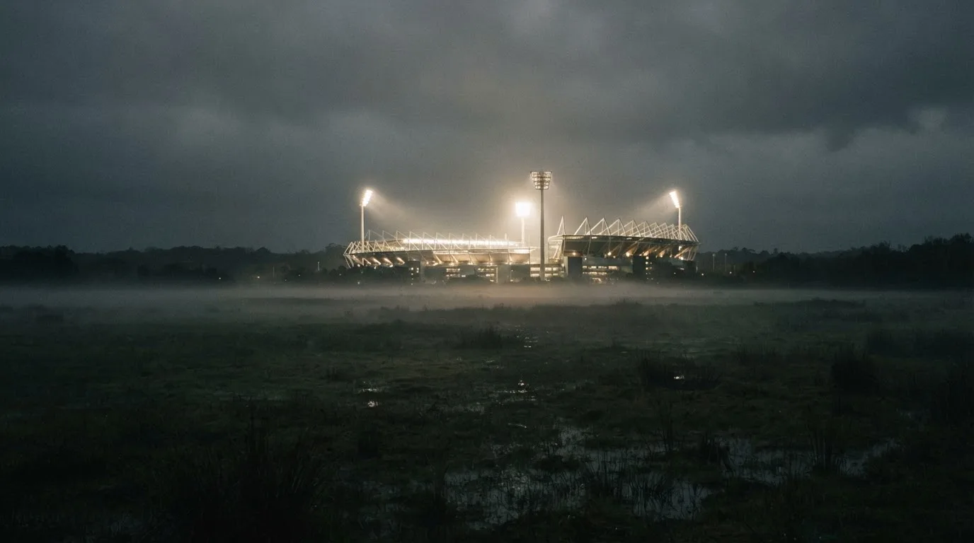 Ein Stadion unter Flutlicht, aus großer Entfernung über eine dunkle Wiese fotografiert, am Himmel zieht Nebel auf.