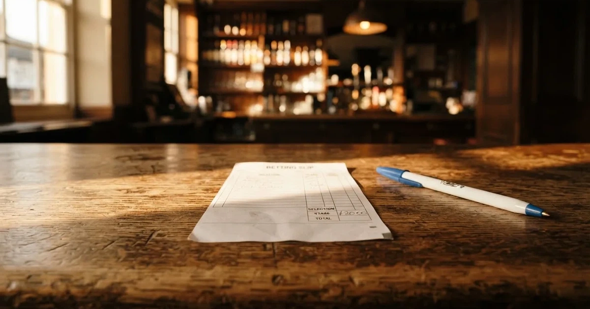 Ein leerer Wettschein aus Papier liegt neben einem Stift auf einer hölzernen Theke, weiches Licht fällt von der Seite ein.