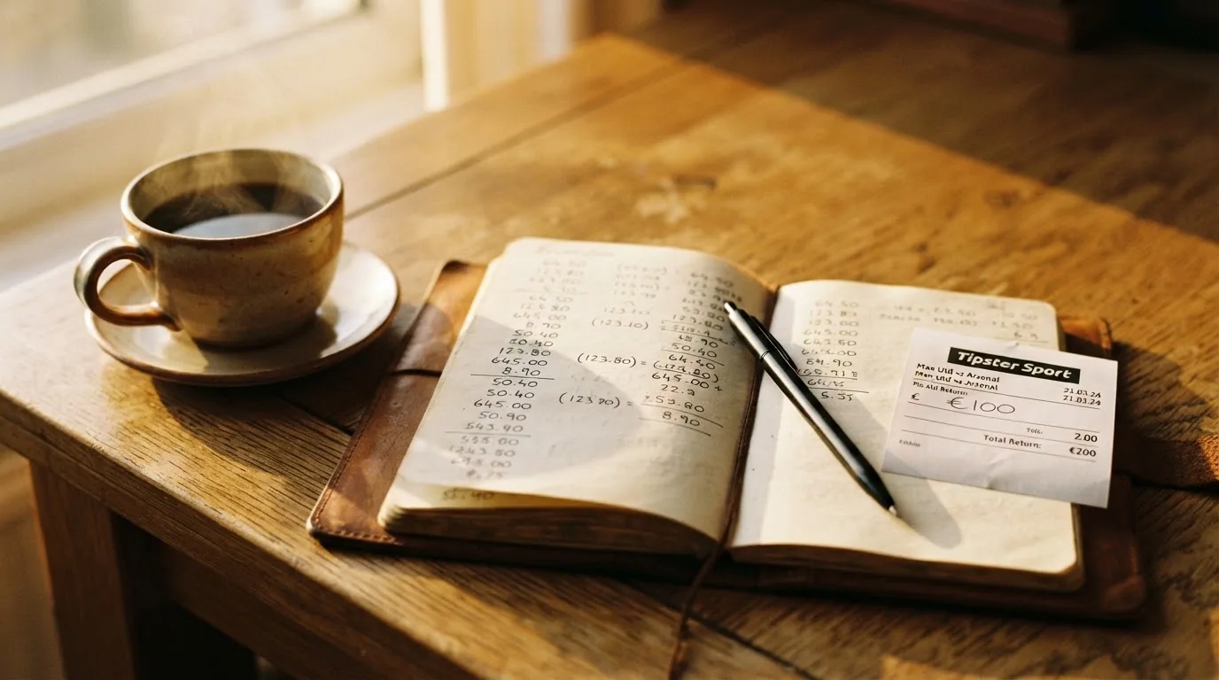 Ein Notizbuch mit handschriftlichen Rechnungen und ein Taschenrechner liegen auf einem Schreibtisch neben einer Tasse Kaffee im Licht des frühen Morgens.