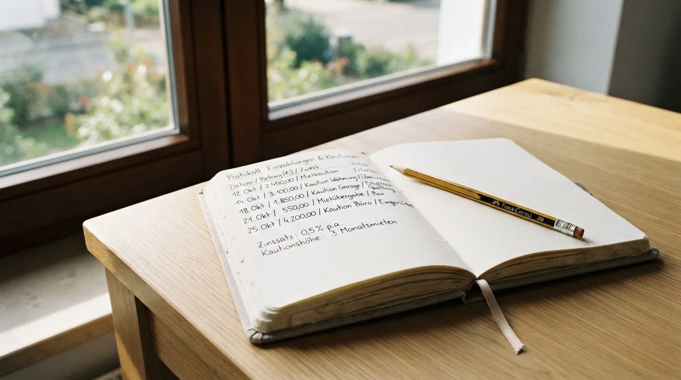 Ein Notizbuch mit handschriftlichen Notizen und ein Bleistift liegen auf einem Schreibtisch am Fenster, draußen fällt Morgenlicht herein.