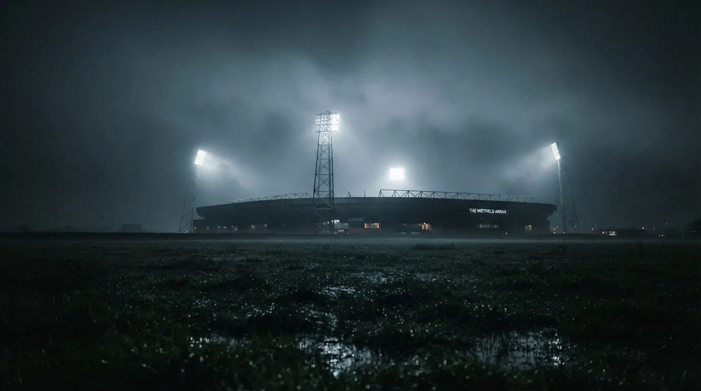 Ein Stadion unter Flutlicht, aus großer Entfernung über eine dunkle Wiese fotografiert, am Himmel zieht Nebel auf.