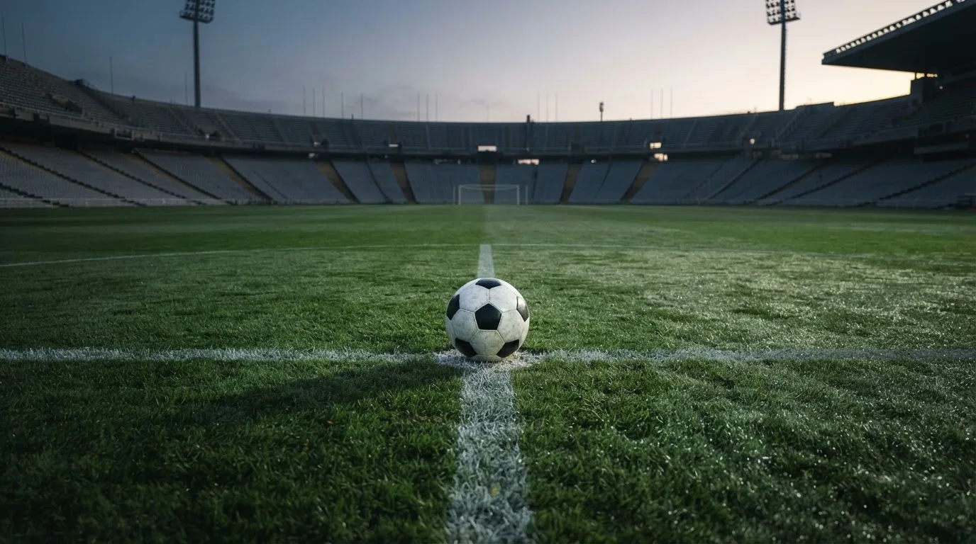 Ein Fußball liegt auf dem Anstoßpunkt eines leeren Rasenplatzes in der Morgendämmerung, im Hintergrund eine leere Tribüne.
