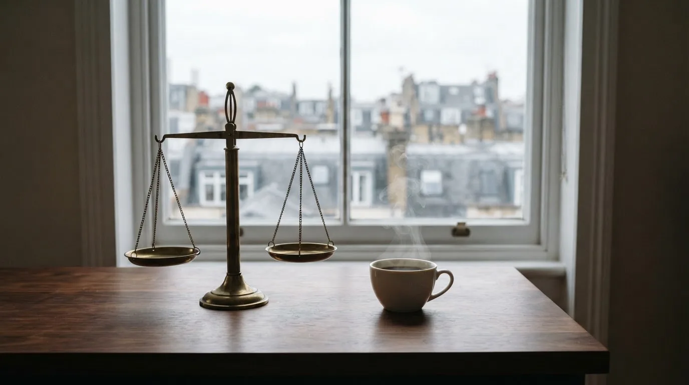 Eine Messingwaage steht auf einem dunklen Holzschreibtisch neben einer Kaffeetasse, im Hintergrund ein Fenster mit Blick auf Dächer.