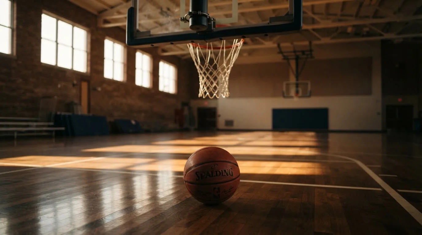 Ein Basketball liegt auf dem Hallenboden unter einem Korb, das Netz hängt ruhig, Morgenlicht fällt durch hohe Fenster.