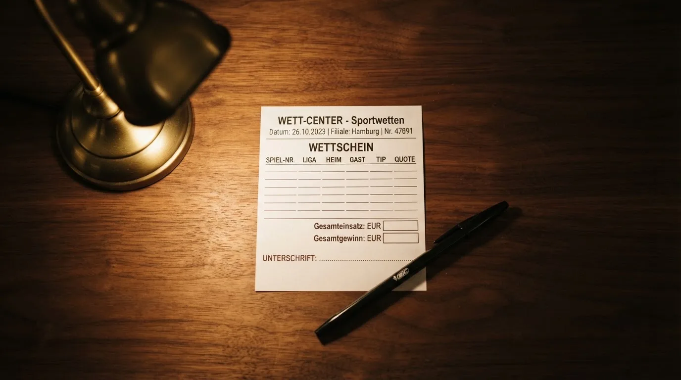 Ein leerer Wettschein aus Papier und ein Kugelschreiber liegen auf einer Tischplatte neben einer kleinen Tischlampe.