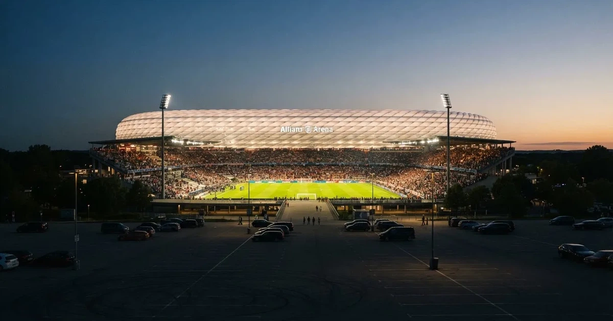 Ein Fußballstadion unter Flutlicht aus großer Entfernung, davor ein dunkler Parkplatz und ein heller Abendhimmel.
