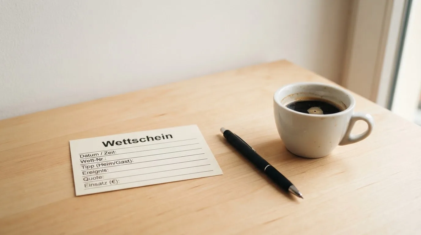 Ein leerer Wettschein aus Papier liegt neben einem Kugelschreiber und einer Tasse auf einem hellen Holztisch.