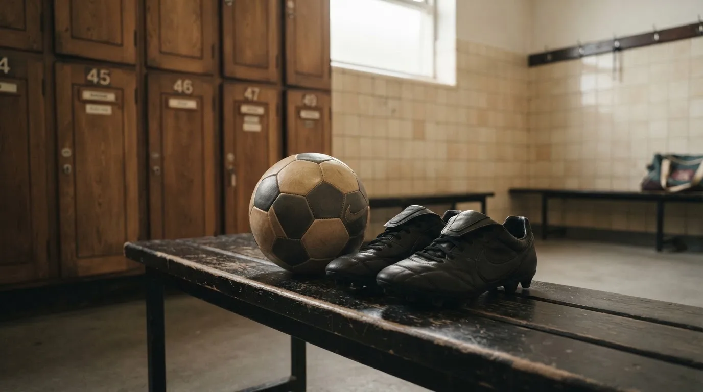 Ein Fußball liegt neben einem Paar Fußballschuhen ohne Markenzeichen auf einer Holzbank in einer leeren Umkleide.
