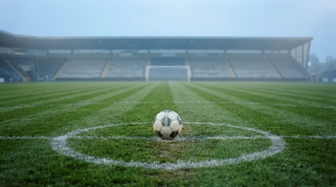 Ein Fußball liegt auf dem Anstoßpunkt eines leeren Rasenplatzes in der Morgendämmerung, im Hintergrund eine leere Tribüne.