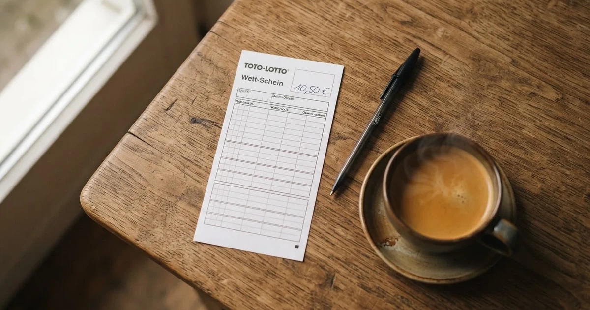 Ein leerer Wettschein aus Papier liegt neben einem Kugelschreiber und einer Tasse Kaffee auf einem Tisch, Aufnahme von oben.