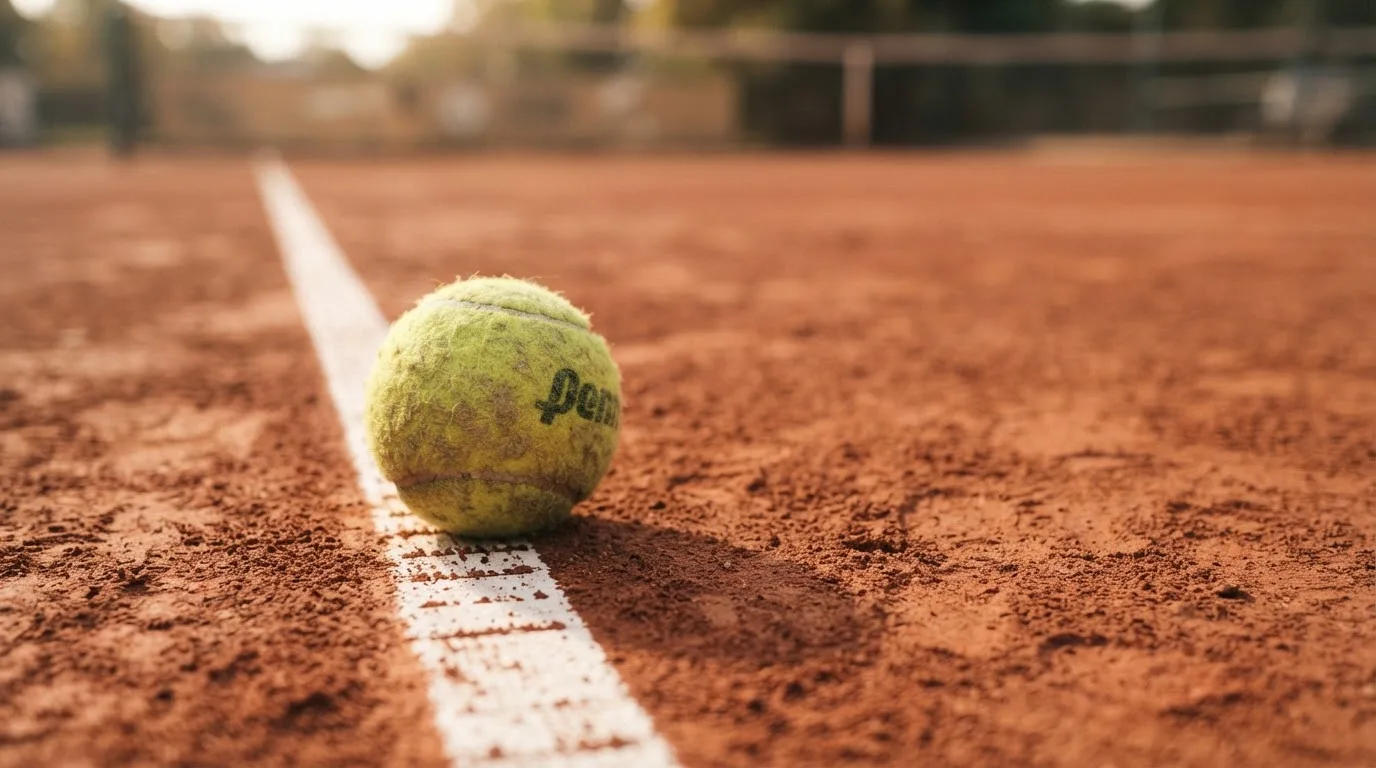 Ein einzelner Tennisball liegt auf rotem Sand neben einer weißen Linie, geringe Schärfentiefe.