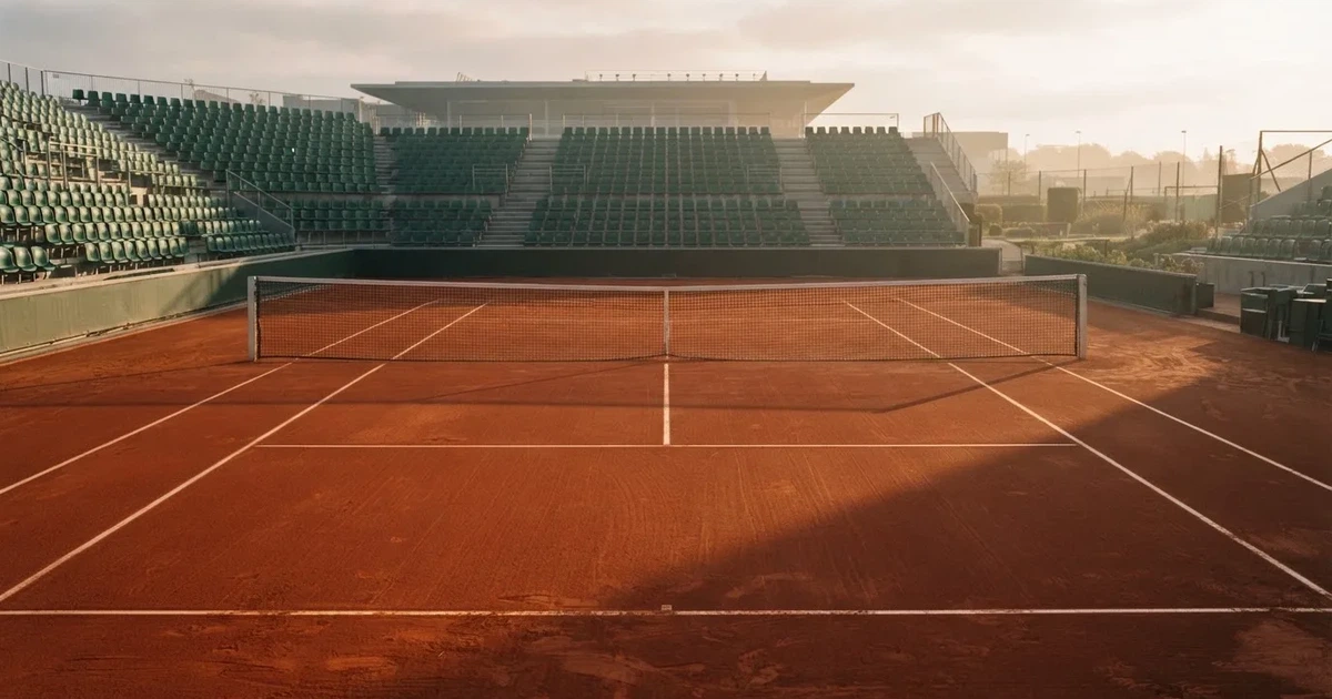 Ein Sandplatz im frühen Morgenlicht, frisch gewalzt, mit weißen Linien und einem Netz im Hintergrund, keine Menschen.