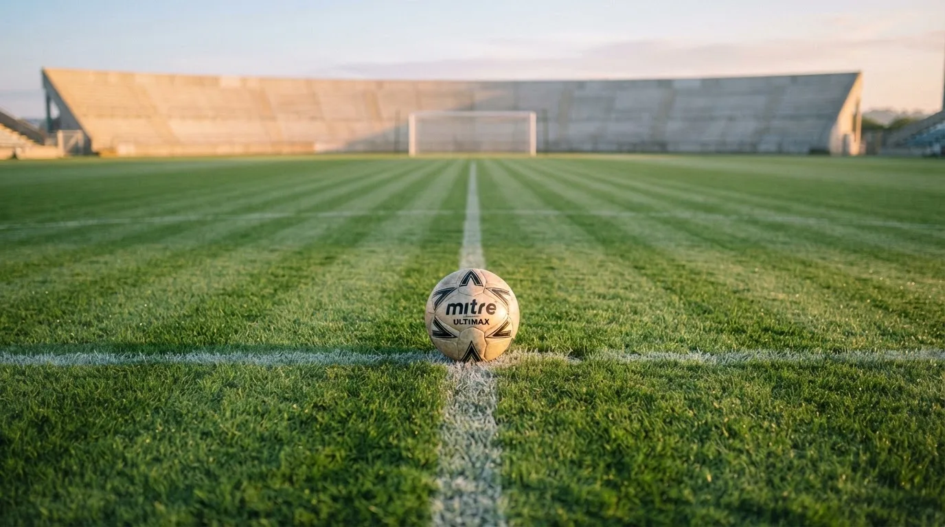 Ein Fußball liegt auf dem Anstoßpunkt eines leeren Rasenplatzes im frühen Morgenlicht, dahinter eine leere Tribüne.