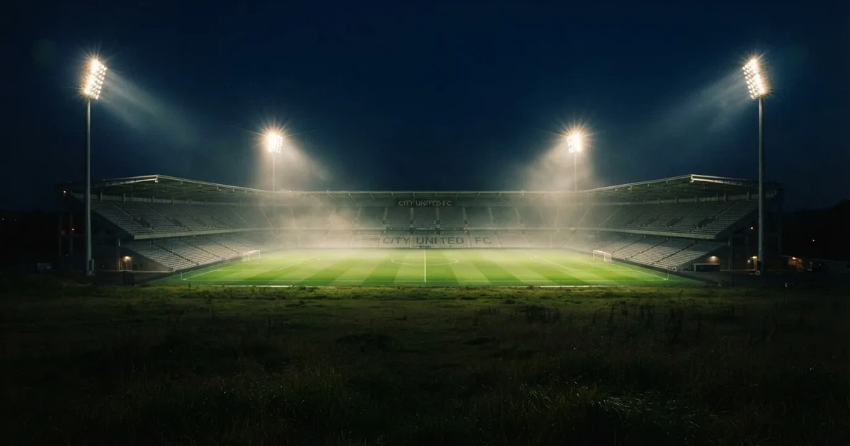 Ein Stadion bei Nacht unter Flutlicht aus der Ferne gesehen, der Rasen ist hell erleuchtet, keine erkennbaren Personen.