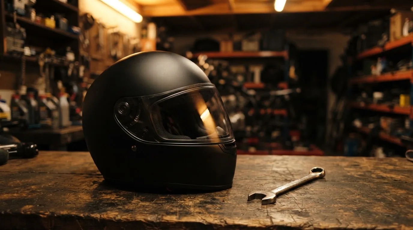 Ein schwarzer Motorradhelm ohne Aufdruck liegt auf einer Werkbank neben einem Schraubenschlüssel, warmes Licht einer Werkstatt.