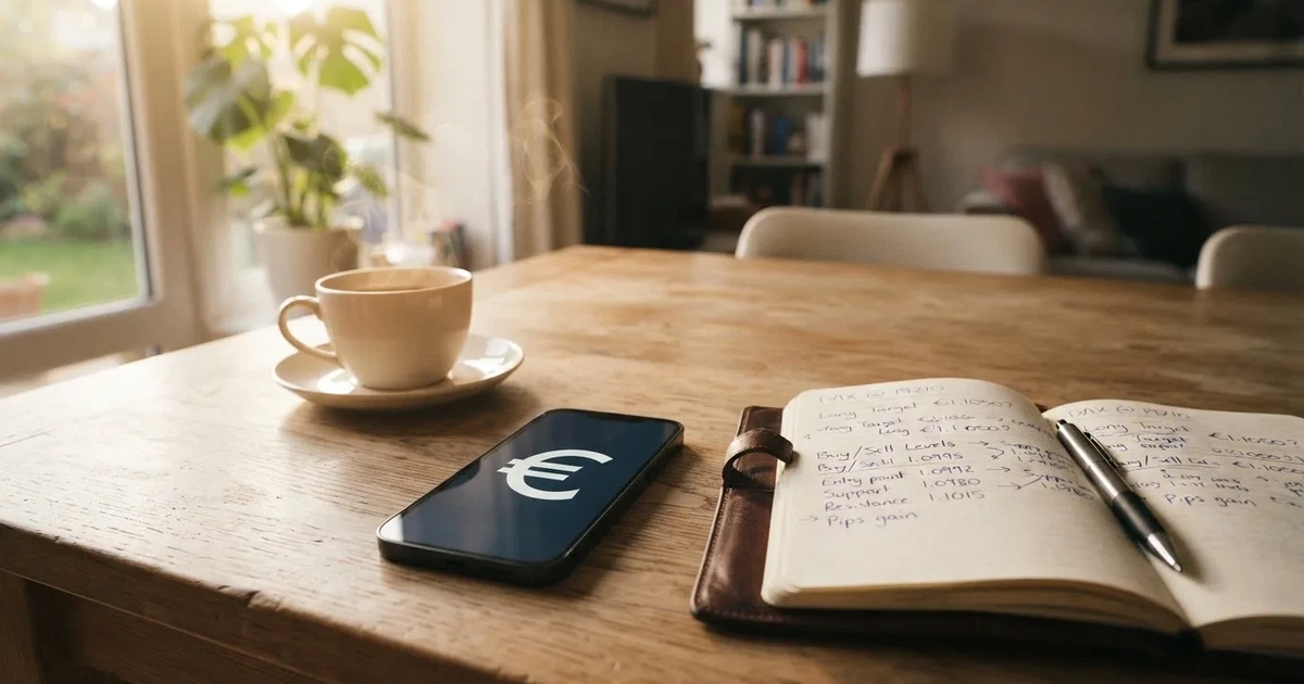 Ein Smartphone mit dunklem Display liegt neben einem Notizbuch mit handschriftlichen Notizen auf einem hellen Holztisch, daneben eine Tasse Kaffee im Morgenlicht.