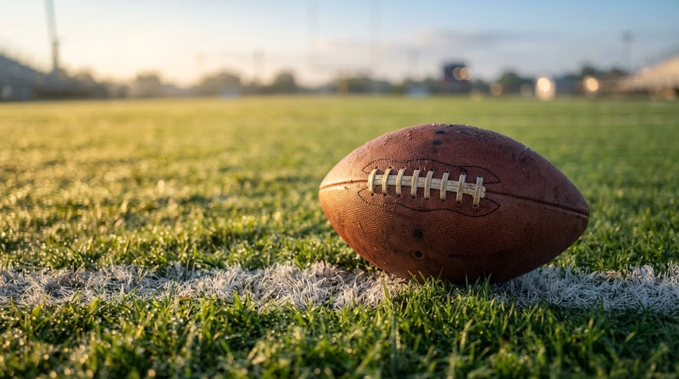 Ein ovaler Lederball mit heller Schnürung liegt auf dem Rasen vor der Endzone, Tau auf dem Gras im ersten Morgenlicht.