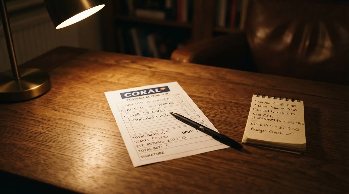 Ein leerer Papierwettschein, ein Kugelschreiber und ein Taschenrechner liegen auf einem Holztisch, warmes Licht einer Schreibtischlampe.