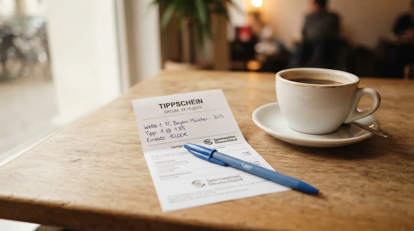 Ein leerer Wettschein aus Papier liegt neben einem Kugelschreiber und einer Tasse auf einem hellen Holztisch.