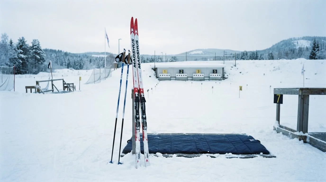 Ein Paar Langlaufskier steckt aufrecht im Schnee neben einem leeren Schießstand mit runden Zielscheiben, kaltes Winterlicht.