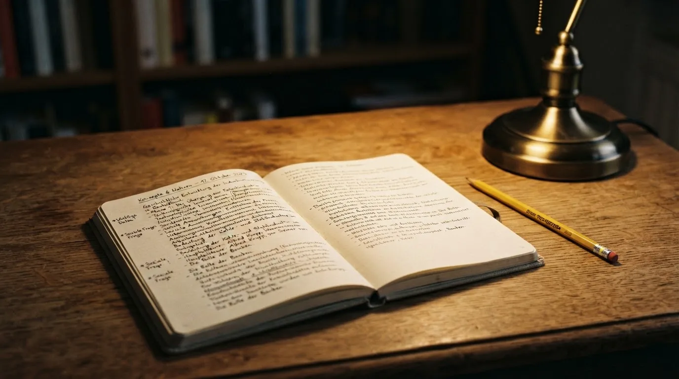 Ein Notizbuch mit handschriftlichen Notizen und ein Bleistift liegen neben einer Tischlampe auf einem Schreibtisch, ruhiges Abendlicht.