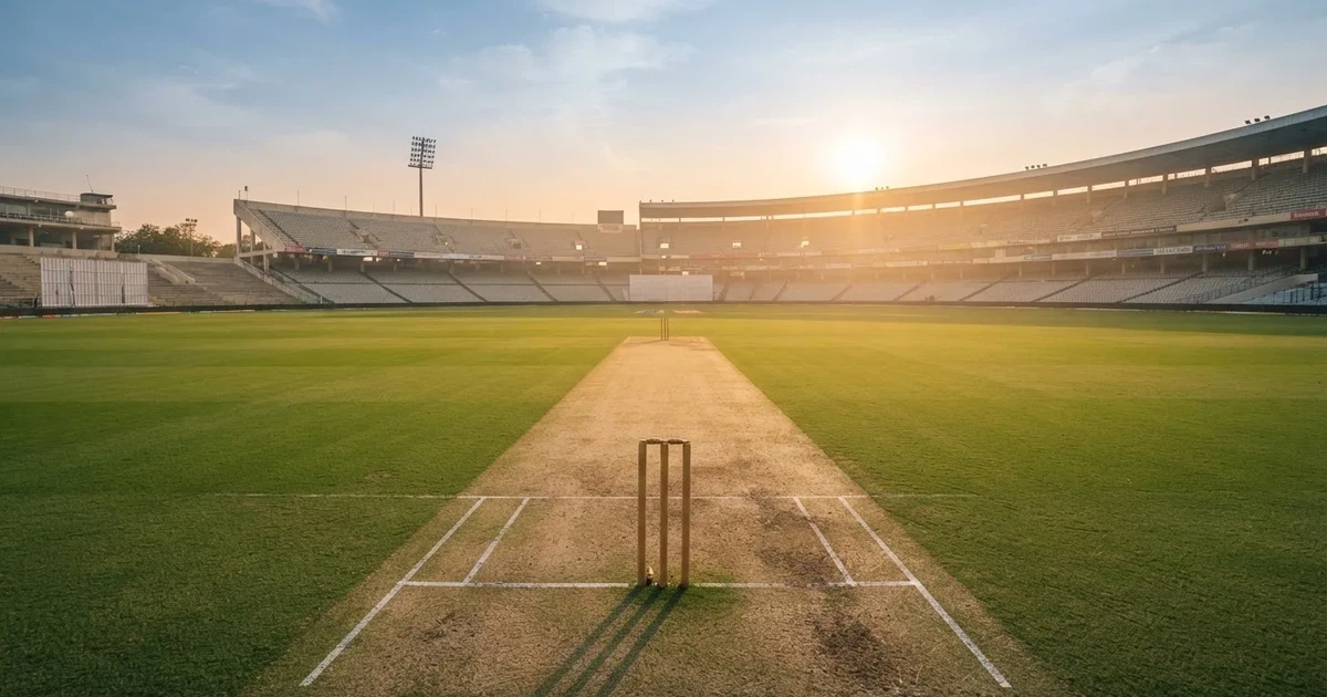 Ein weites grünes Cricketfeld mit einem hellen Streifen in der Mitte, tief stehende Sonne, im Hintergrund eine leere Tribüne.