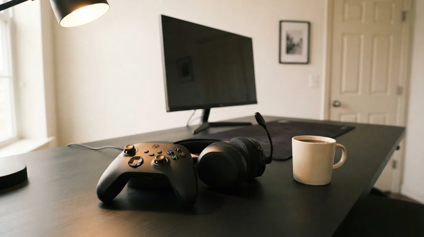 Ein Gamepad und ein Headset liegen auf einem Schreibtisch neben einer Tasse, der Bildschirm im Hintergrund ist ausgeschaltet.