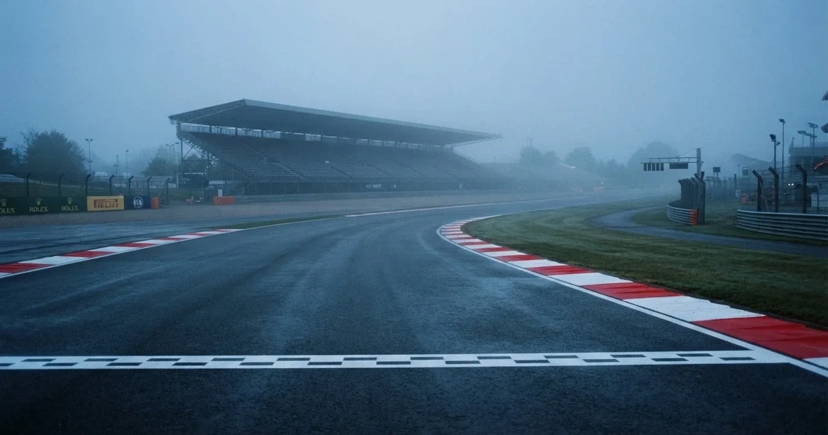 Eine leere Rennstrecke im Morgennebel, Asphalt mit rot-weißen Randsteinen, im Hintergrund Tribünen in der Ferne.