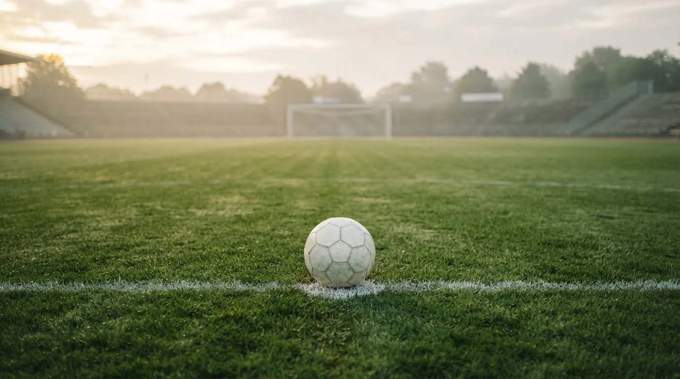 Ein Fußball liegt auf dem Elfmeterpunkt eines leeren Rasenplatzes, im Hintergrund unscharf ein Tor im Morgendunst.