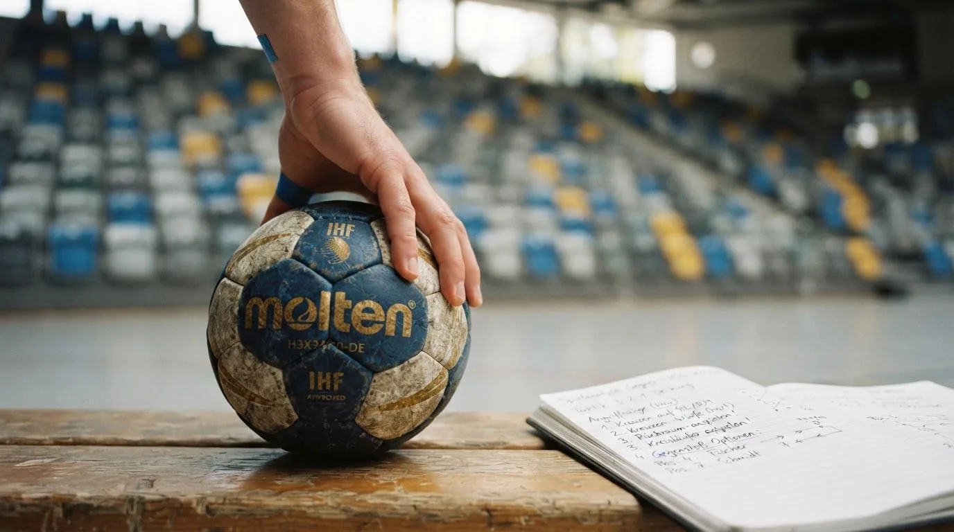 Eine Hand hält einen Handball, im Hintergrund eine unscharfe Tribüne, daneben liegt ein Notizblock auf einer Bank.