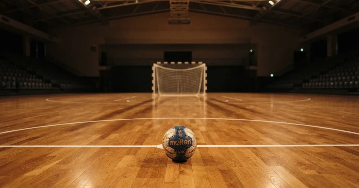 Ein Handball liegt auf dem Hallenboden vor einem Tor mit Netz, die leere Halle wird von Flutlicht beleuchtet.
