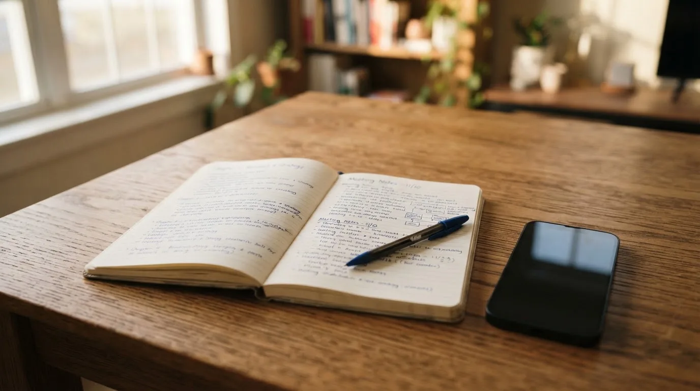 Ein Notizbuch mit handschriftlichen Notizen und ein Stift liegen auf einem Holztisch neben einem Smartphone mit dunklem Bildschirm.