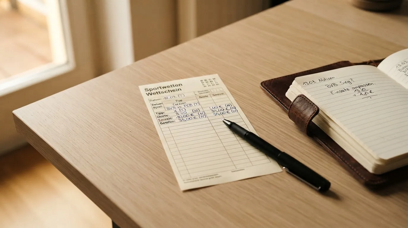 Ein leerer Wettschein aus Papier liegt neben einem Notizbuch und einem Stift auf einem aufgeräumten Schreibtisch.